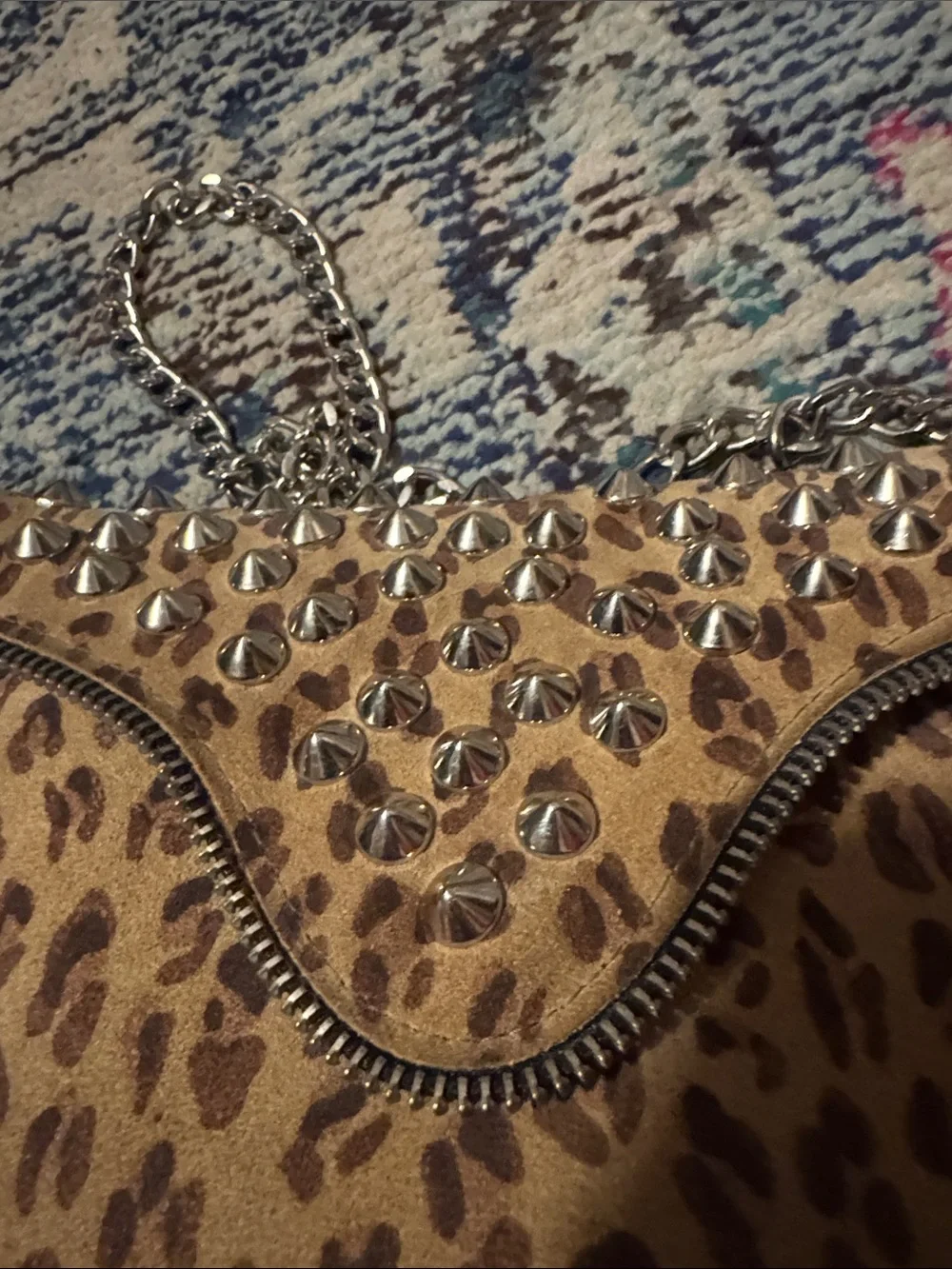 JJ Winters Leopard Print leather crossbody with Chain and zipper details